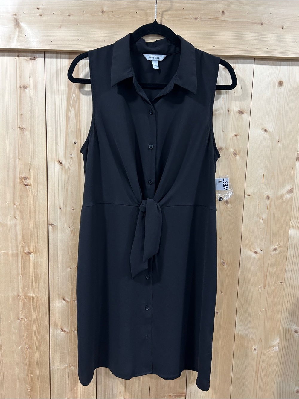 NWT Chic Nine West Women's Sleeveless Tie-Front Midi Shirt Dress, Black, Large